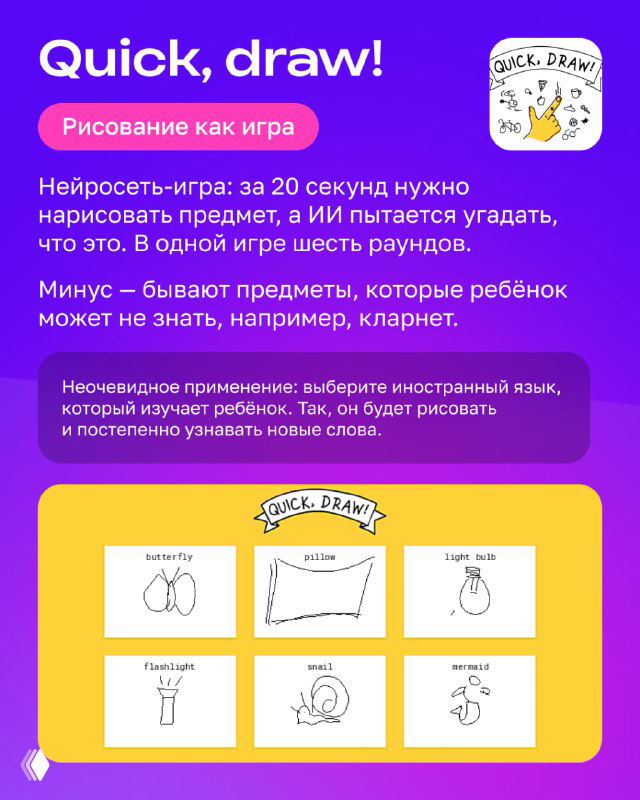 Слайд Quick, draw!: игровая механика — за 20 секунд нужно нарисовать предмет, примеры набросков и объяснение обучающей игры для ребёнка.
