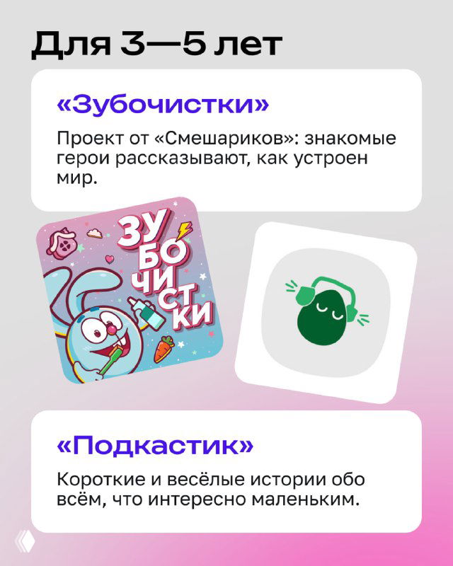 Коллаж карточек и иллюстраций для возрастной категории 3–5 лет: обложки «Зубочистки» и объяснительные значки, рекомендованные подкасты для малышей.