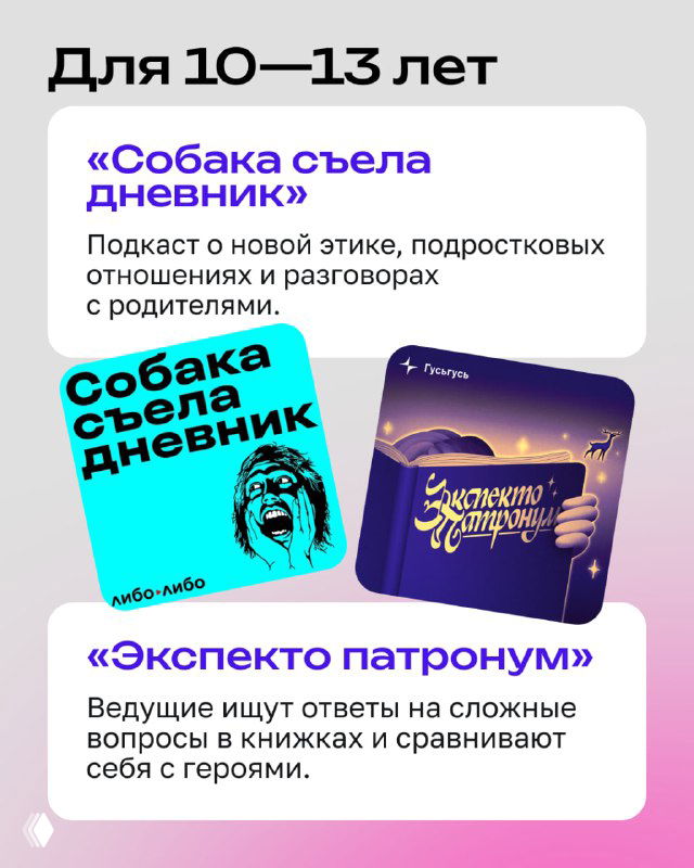 Обложки подкастов для 10–13 лет: «Собака съела дневник» и «Экспекто патронум» — подбор контента о подростковой этике и литературных темах для старших детей.
