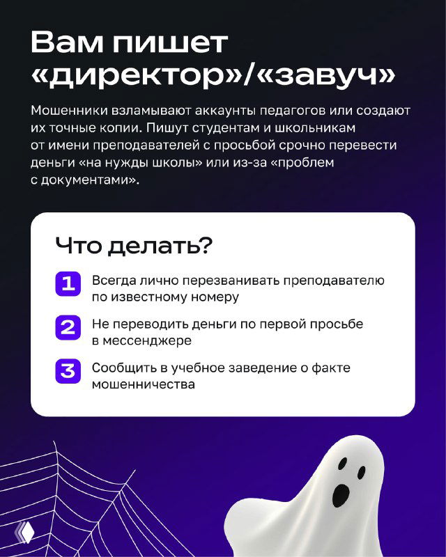 Инфослайд о сообщениях от «директора/завуча»: мошенники, выдающие себя за преподавателей, с подсказками для детей и родителей по проверке личности.