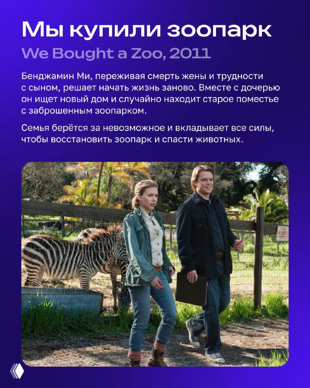Карточка фильма «Мы купили зоопарк» — семья гуляет по зоопарку, на заднем плане зелёные ландшафты и животные в кадре.