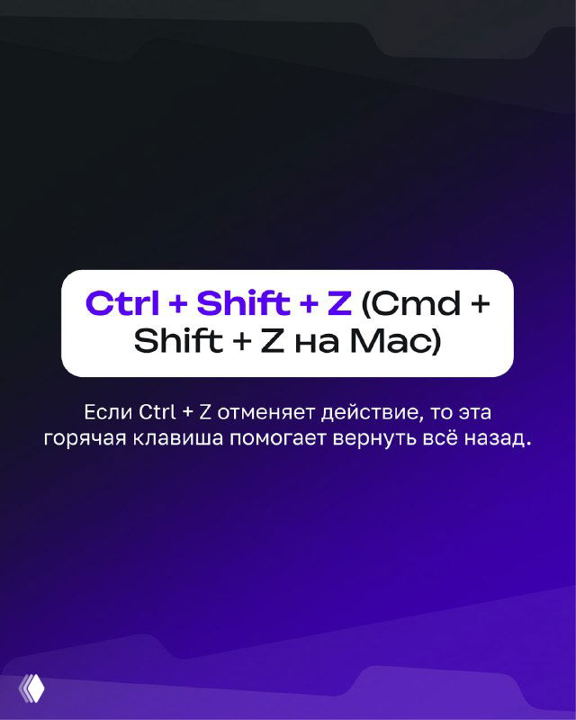 Карточка с подсказкой «Ctrl + Shift + Z (Cmd + Shift + Z на Mac)» и пояснением о возвращении действий, на фиолетовом градиентном фоне.