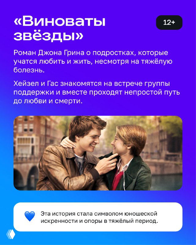 Карточка с описанием романа «Виноваты звёзды»: афиша в фиолетовых тонах, фотография кадра из экранизации и краткое описание сюжета для подростков.