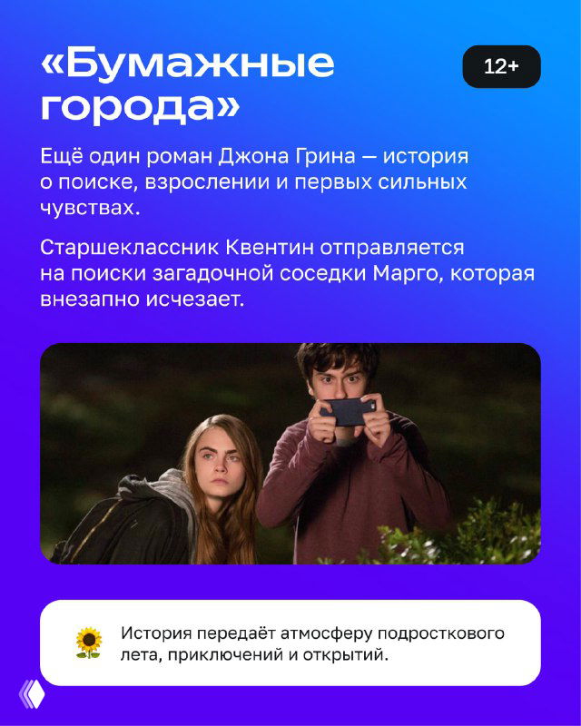 Карточка с заголовком «Бумажные города»: фиолетовый фон, фото двух подростков и краткое описание поисков и приключений главного героя в романе Джона Грина.