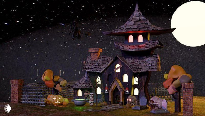 Мрачная доминантная 3D‑модель в хеллоуин‑стилистике: дом с фонариками и атмосферным освещением, демонстрирующая навыки моделирования окружения.