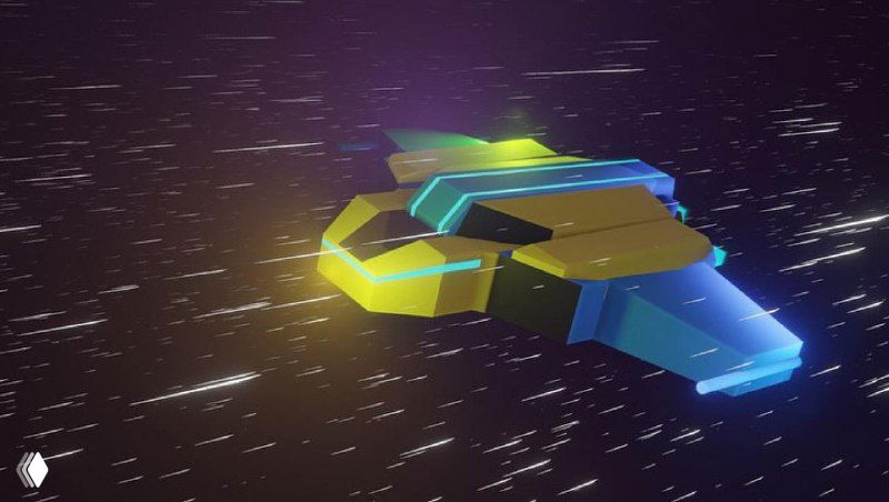 Футуристический космический корабль, проработанный в ярких неоновых тонах, демонстрирует умение работы с формой, шейдерами и эффектами в Blender у ученика.