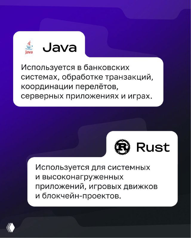 Информационные карточки: логотип Java и текст об использовании в банковских системах; рядом карточка Rust с описанием для системных и высоконагруженных приложений.