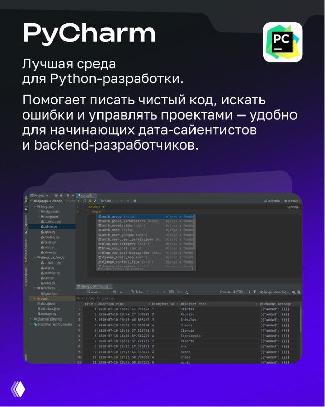 Слайд о PyCharm: тёмный интерфейс IDE, заметка о сильной поддержке Python, отладки и управления проектами для начинающих и профи.