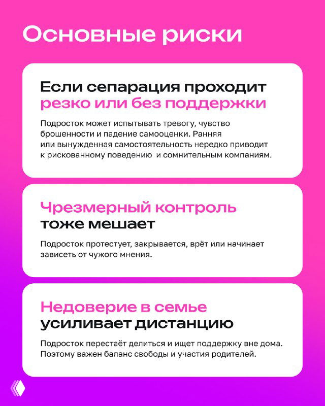 Карточка с перечислением основных рисков: резкая сепарация, чрезмерный контроль и усиление недоверия в семье, оформленная розово-белыми блоками.