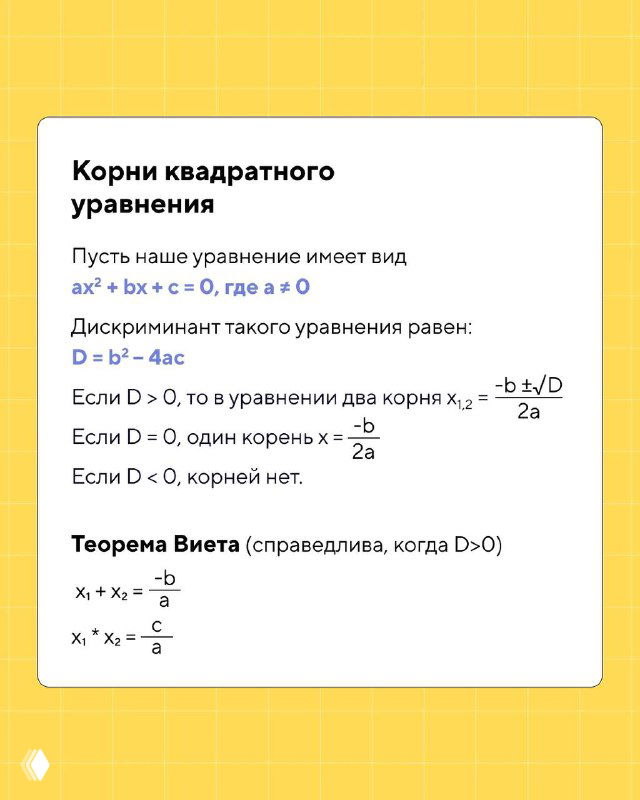 Слайд с формулами корней квадратного уравнения и дискриминантом, включённая теорема Виета — пояснения и формулы на белом поле.