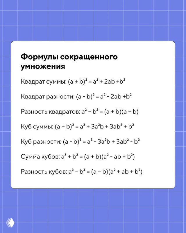 Слайд с формулами сокращённого умножения: квадрат суммы, квадрат разности, разность квадратов, куб суммы и другие стандартные тождества.