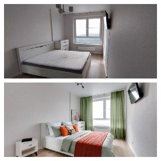 Коллаж до и после: пустая комната с матрасом и та же комната после оформления с кроватью, текстилем и светом из окна, подчёркнута контрастом.