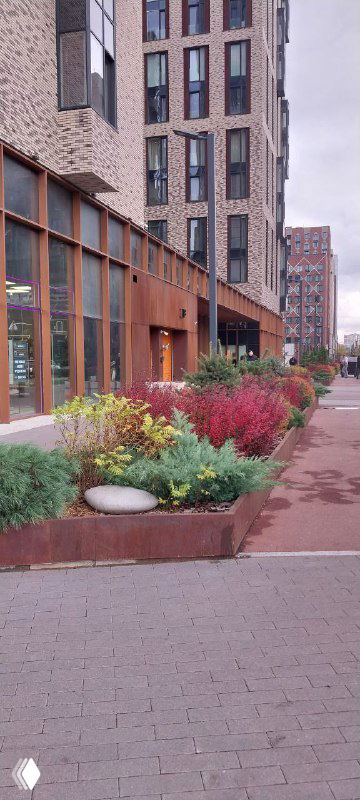 Входная зона с цветочными клумбами у фасада жилого комплекса ЗИЛАРТ, пешеходная аллея и декоративные элементы в городской осени.