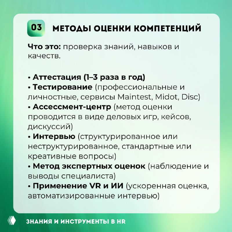 Слайд 03: «Методы оценки компетенций» — аттестация, тестирование, ассессмент‑центр, интервью и экспертная оценка в виде списка инструментов.