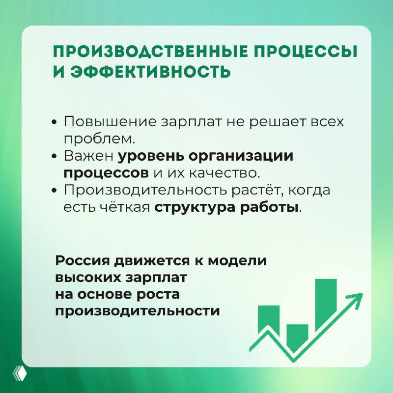 Карточка про производственные процессы и эффективность: важность уровня организации процессов, структуры работы и влияние на рост производительности.