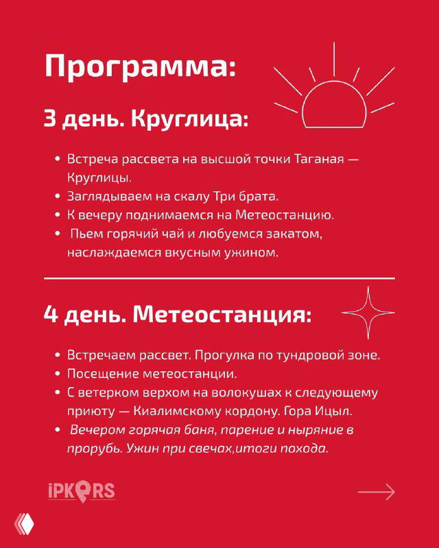 Слайд программы третьего дня с заголовком и кратким описанием похода на Круглицу, красный фон и пиктограммы маршрута.