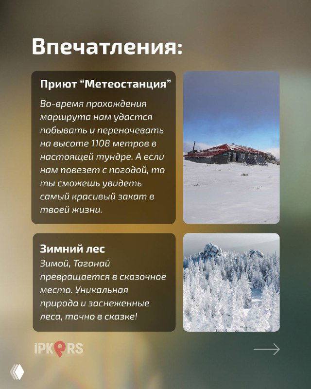 Слайд с описанием приюта "Метеостанция" и зимнего леса: снег, тропы, упоминание высоты и удобств для ночёвок и отдыха.
