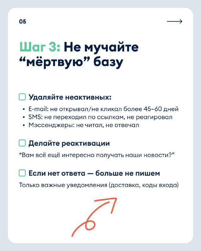 Слайд «Шаг 3: Не мучайте “мёртвую” базу» с советами: удалять неактивных (email, SMS, мессенджеры), проводить реанимации и прекращать рассылки при отсутствии ответа.