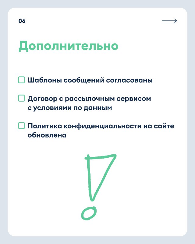 Слайд «Дополнительно» с чек‑боксами: шаблоны сообщений согласованы, договор с рассыльным сервисом и обновлённая политика конфиденциальности на сайте.