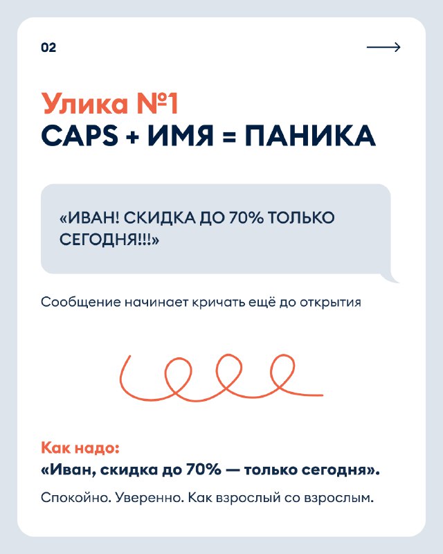 Слайд «Улика №1»: CAPS + ИМЯ = ПАНИКА — пример сообщения в капсе и пояснение, почему заглавные буквы и кричащие шаблоны снижают открываемость