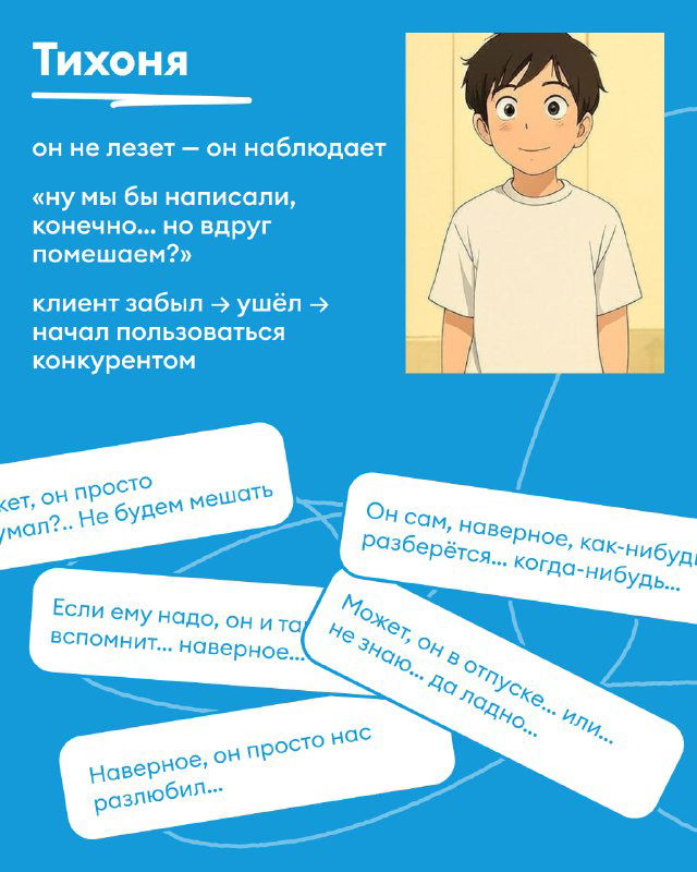Карточка «Тихоня»: скромный персонаж на фоне и отдельные короткие сообщения в облачках — образ наблюдающего и ненавязчивого бренда.