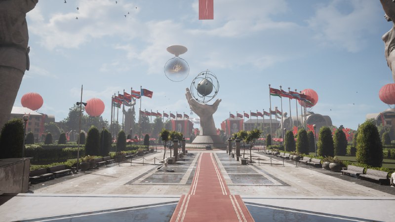 Скриншот Atomic Heart: симметричная аллея с центральной дорожкой, статуей и декоративными садами, архитектура в стиле альтернативного модерна, флаги вдоль пути.