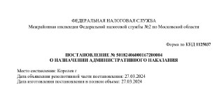 Фрагмент документа Федеральной налоговой службы с печатью и заголовком, похожий на постановление об административном наказании