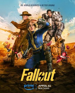 Постер сериала «Fallout»: несколько персонажей и собака на постапокалиптическом фоне, яркая цветовая гамма и мотив выживания.