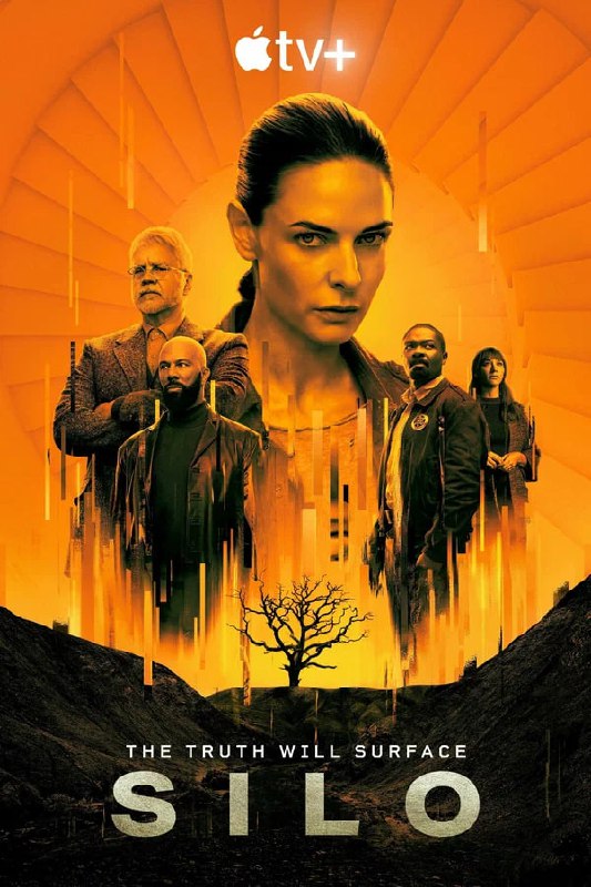 Постер сериала «Silo»: группа персонажей на оранжевом фоне с индустриальной атмосферой, намёк на тайну и скрытые установки.