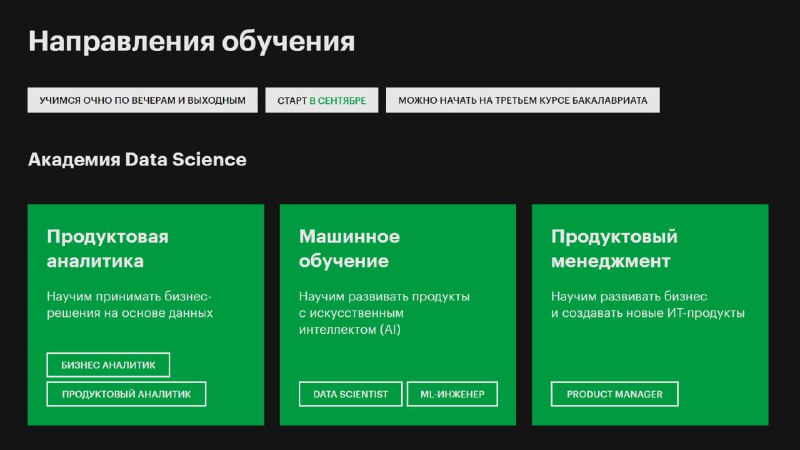 Скриншот веб‑страницы Академии Data Science с карточками направлений обучения на зелёном фоне, заголовками и кнопками навигации