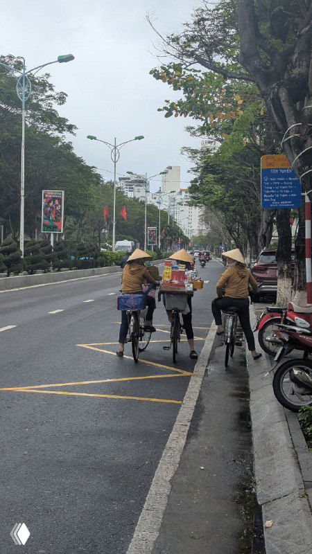 Улица города с вьетнамскими уличными торгами: велосипедисты и продавцы в традиционных шляпах, городской ритм и уличная жизнь в кадре.