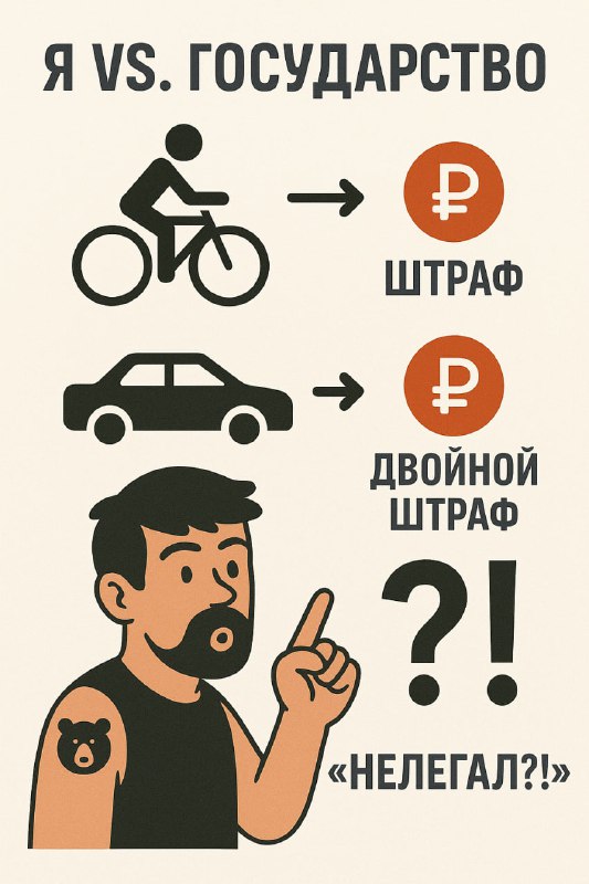 Инфографика в ретро-стиле: силуэты велосипеда и автомобиля с символами штрафа в рублях, мужчина с татуировкой и подписью «нелегал?!», иллюстрация к историям о проверках.