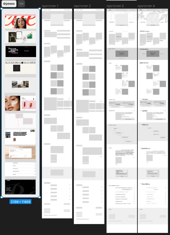 Наброски и wireframe‑макеты страниц, серые зоны контента и расположение блоков, показанные в колонках для сравнения