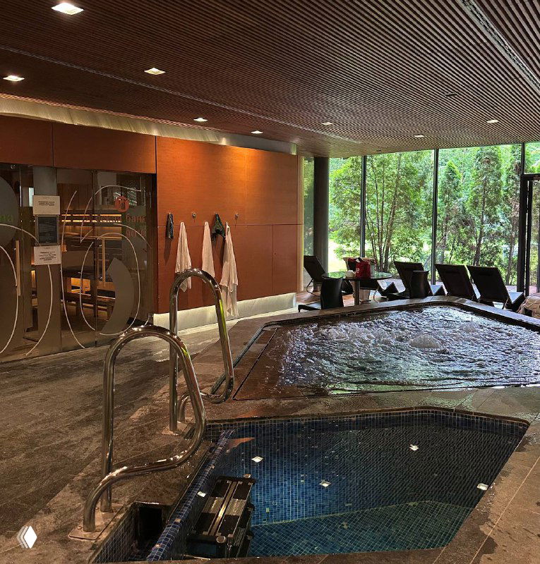 Спа-зона с джакузи и шезлонгами у панорамных окон, уютный интерьер с деревянными элементами и видом на зелёную зону рядом с комплексом.