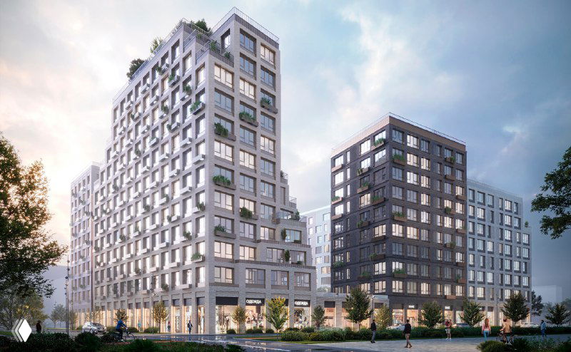 Визуализация жилых корпусов квартала «МЫС»: современные многоквартирные дома с разнообразной высотностью и коммерческими низкими этажами.