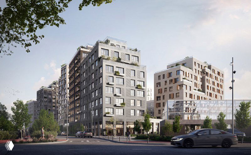 Общий вид квартала «МЫС» с зелёными зонами и дорожной инфраструктурой: сочетание высотных и малоэтажных решений в застройке.