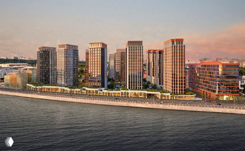 Рендер набережной: комплекс многоэтажных премиум-домов вдоль Москвы‑реки, акцент на фасады и береговую линию в проекте.