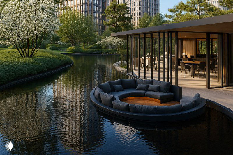 Зона отдыха у воды: современное лаунж‑пространство и причал среди зелёных насаждений на территории премиум‑проекта в Хамовниках.