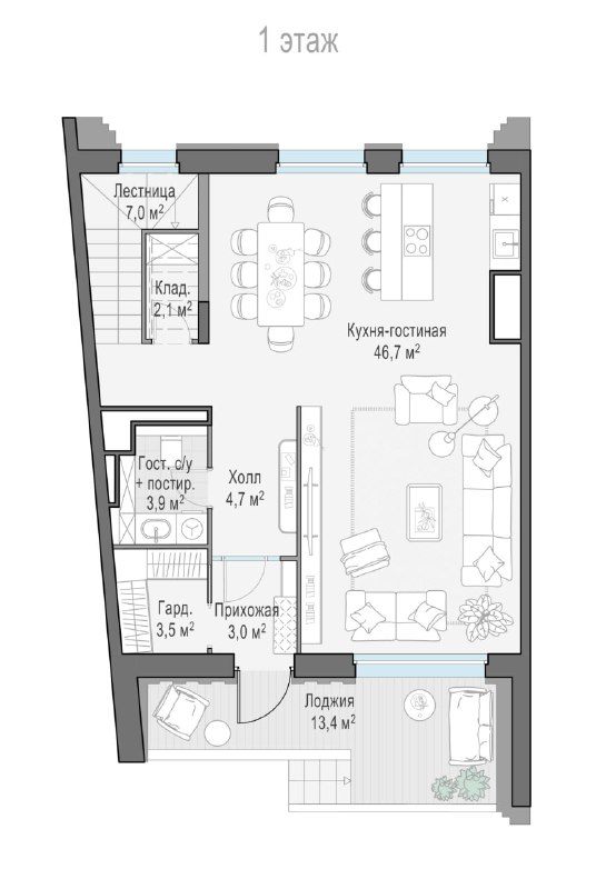 План первого этажа виллы: схема с кухней-гостиной, прихожей, санузлом и лоджией; отображены функциональные зоны и размеры.