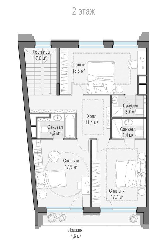 План второго этажа виллы: схема трёх спален, холла и санузлов с указанием размеров комнат и выхода на лоджию.