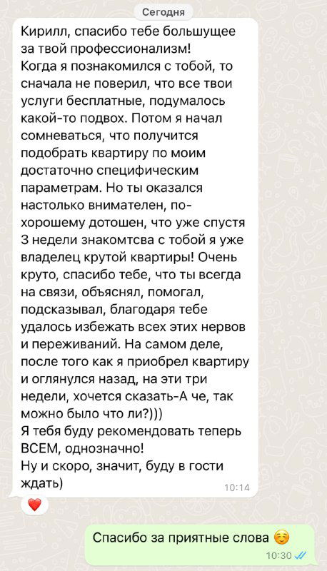 Скриншот переписки в Telegram: благодарственное сообщение от знакомой о помощи в подборе квартиры и одобрении ипотеки, виден текст с эмодзи и ответ автора.