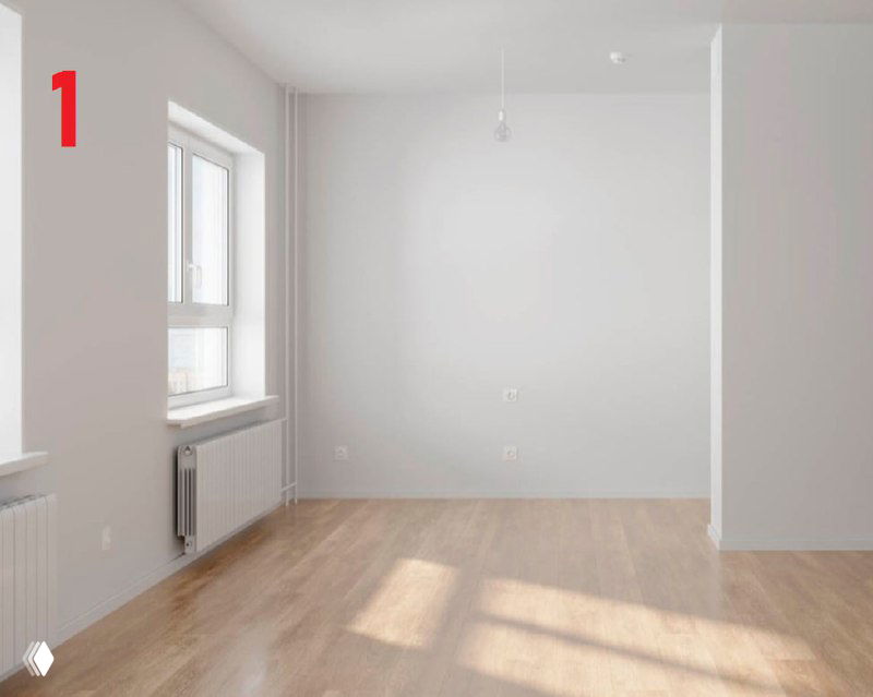 Пустая комната с пометкой «1»: светлый интерьер с ламинатом, подоконником и радиатором — пример готовой чистовой отделки.