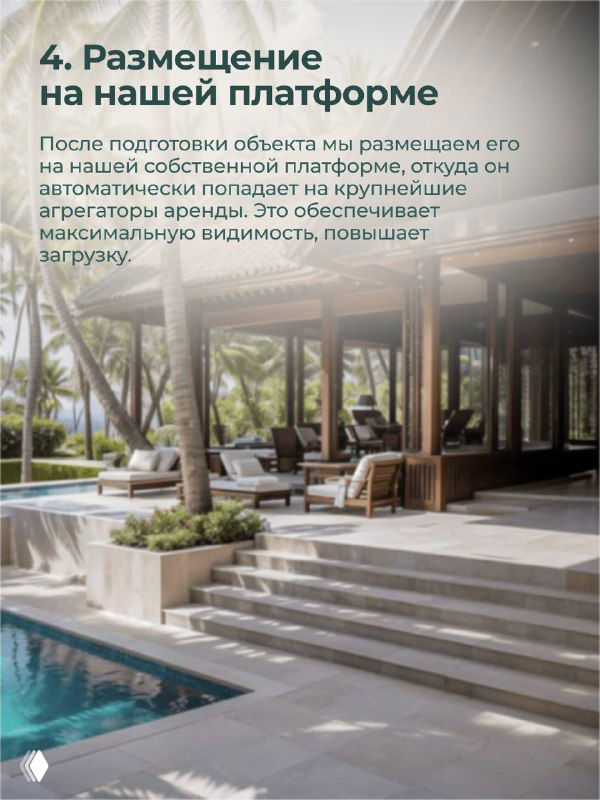 Карточка 4: ступени и открытая терраса — визуал о размещении объекта на платформе и попадании на агрегаторы для увеличения видимости и загрузки.