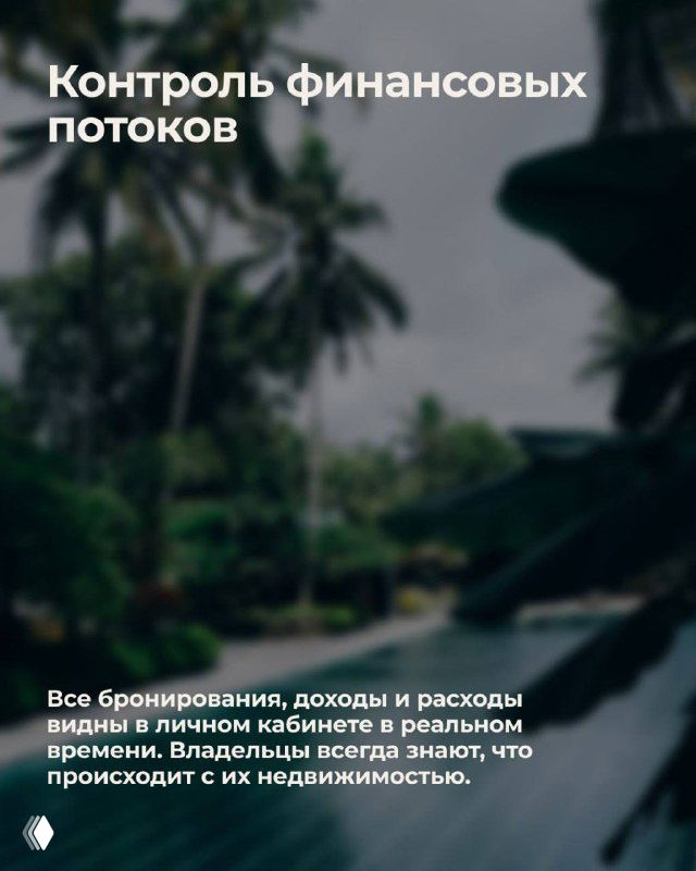 Информационный слайд с заголовком «Контроль финансовых потоков» на фоне размытых пальм — акцент на прозрачности финансовых операций платформы.
