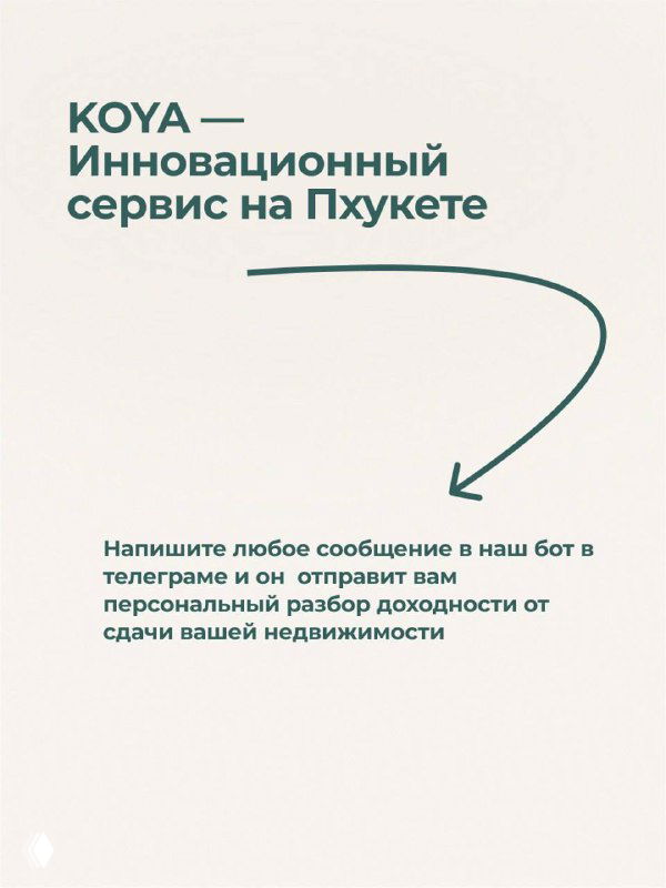 Финальная карточка: логотип KOYA и призыв написать в бот в Telegram — заключительная промо-страница с предложением персонального разбора доходности сдачи недвижимости.