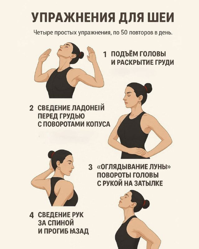 Инфографика: четыре простых упражнения для шеи — подъём головы, сведение ладоней, повороты головы с рукой на затылке, сведение рук за спиной.