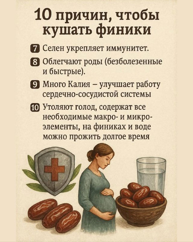 Иллюстрация: финики в миске, изображение беременной женщины и стакана воды; подпись о пользе для иммунитета, сердца и восполнении микроэлементов.