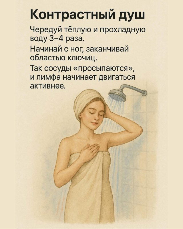 Иллюстрация: женщина под контрастным душем, показывает чередование тёплой и прохладной воды, стимуляция сосудов и лимфы.