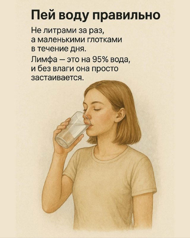 Иллюстрация: женщина пьёт воду из стакана — рекомендация дробного питья в течение дня для поддержания лимфотока и гидратации.