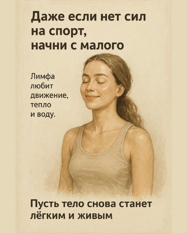 Иллюстрация: расслабленная женщина с закрытыми глазами — идея начать с малого, чтобы тело снова стало лёгким и живым даже без интенсивных тренировок.